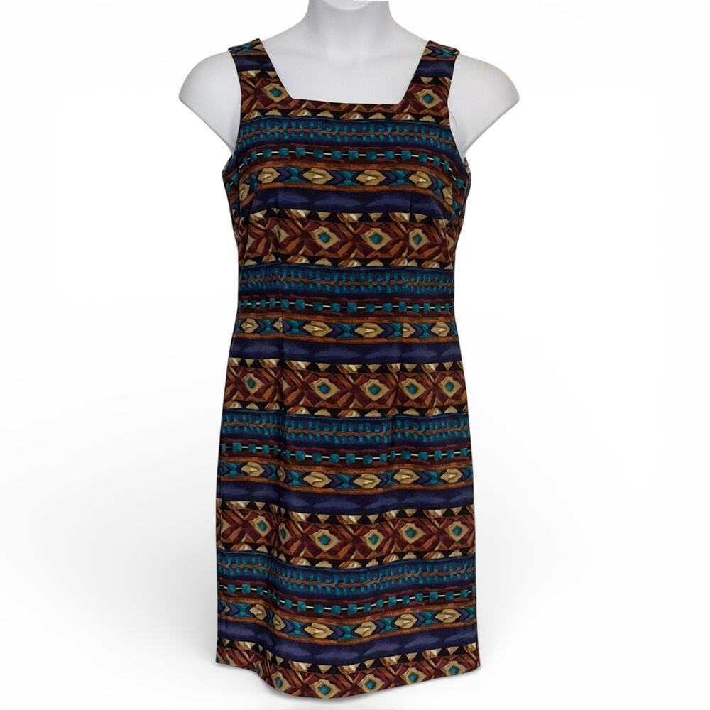 Vintage 90s J Stevens Southwestern Print Dress Sleeveless Knee Length Size 8